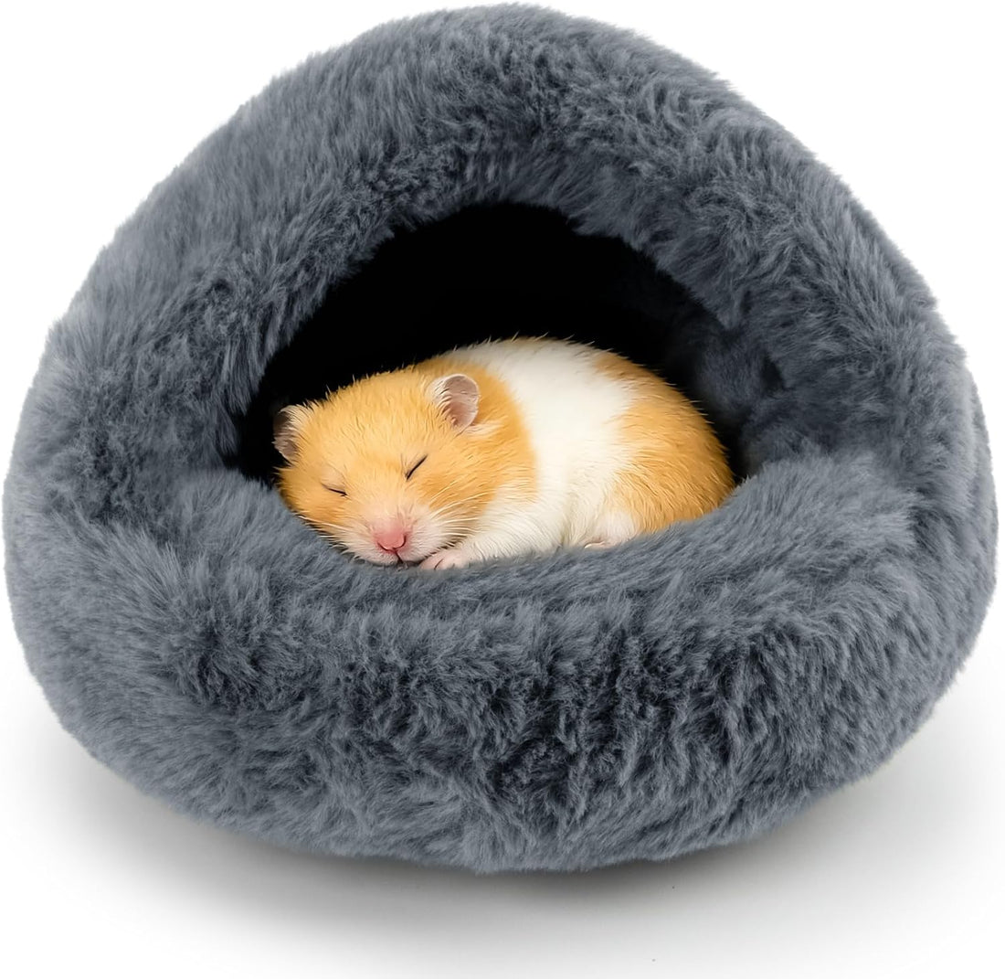 RAINFLOW Plush Guinea Pig Hideout Bed - Grey Fleece Hamster Cave Bed