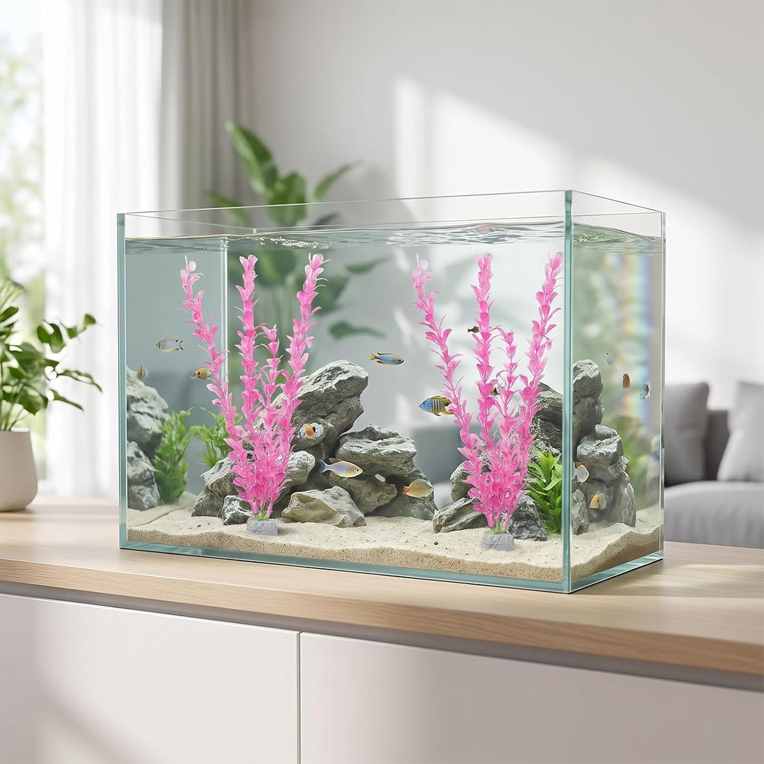 2Pcs Silk Aquarium Plants 13" Cyan Silk Plants for Fish Tank Goldfish