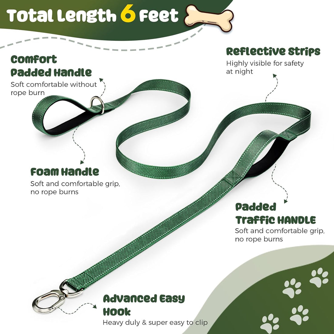 Heavy Duty Dog Leash with Easy Lock Metal Clip, Reflective