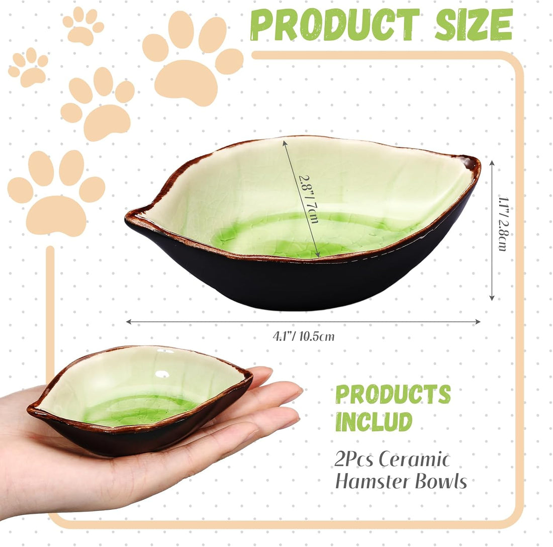 2 Pcs Ceramic Food Water Bowl Dish for Hamster Pets, Leaf