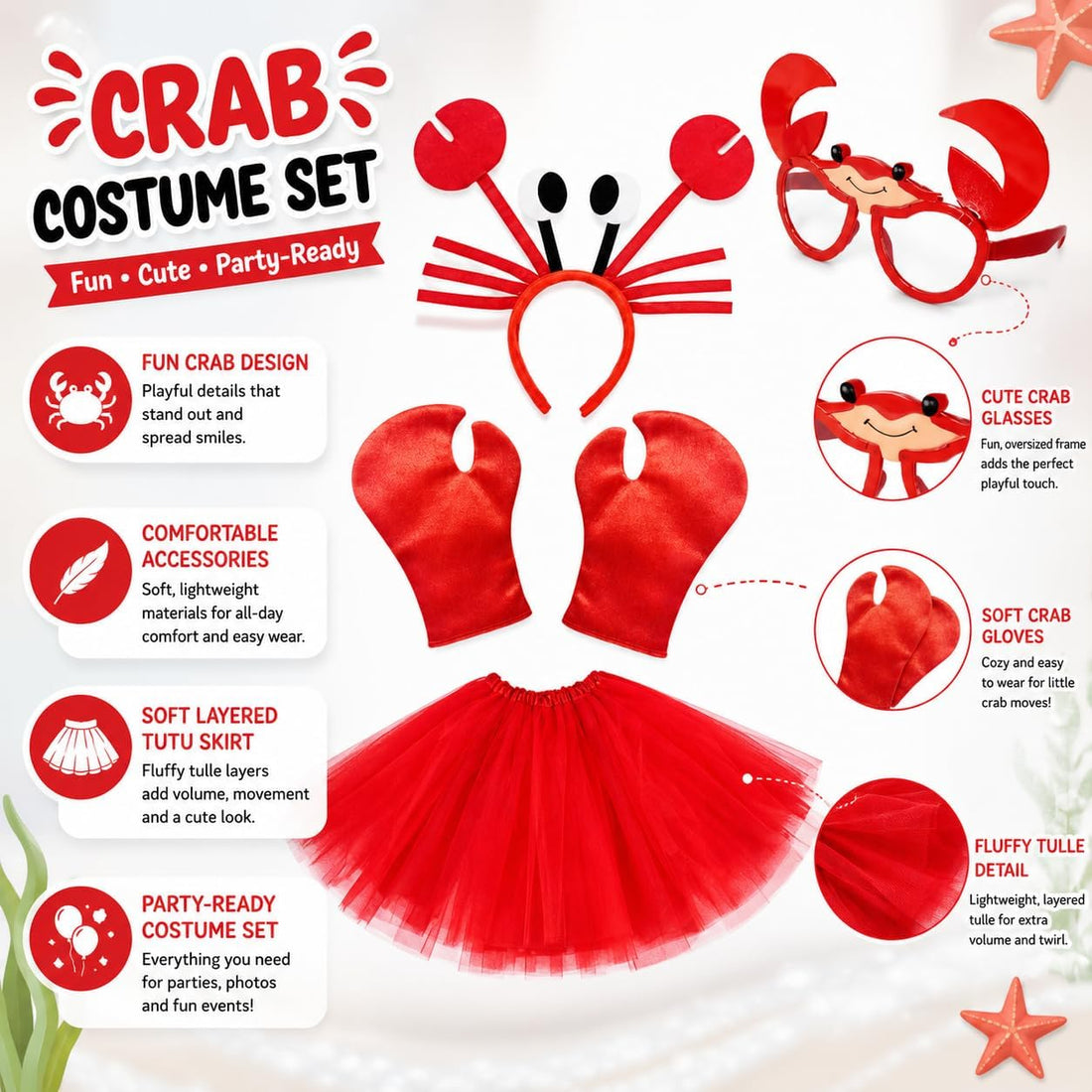 Red Crab Costume Accessory Set, 5PCS Halloween Costumes for Women