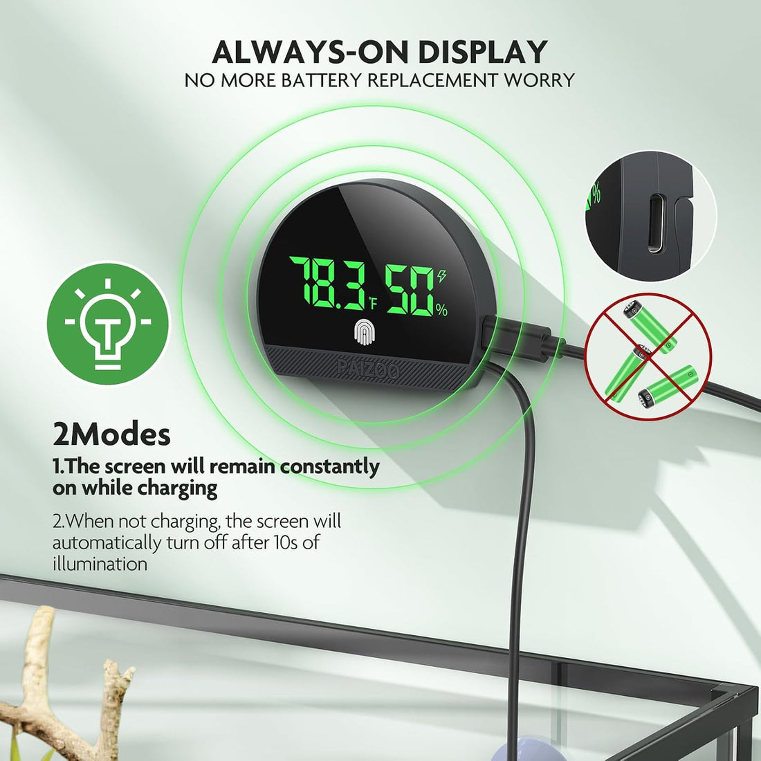 PAIZOO LED Rechargeable Reptile Thermometer Hygrometer Always-on