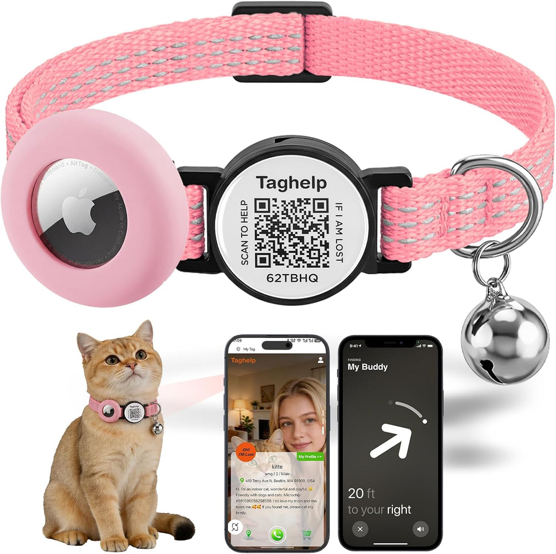 AirTag Holder Breakaway Cat Collar QR Code, Reflective Bell