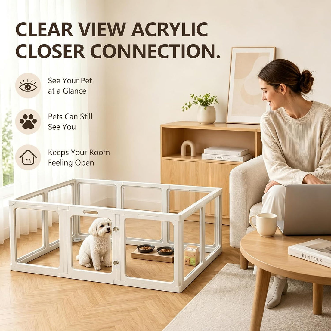 Jalove Acrylic Dog Playpen Indoor, 24“ H Plastic Pet Playpen with Door