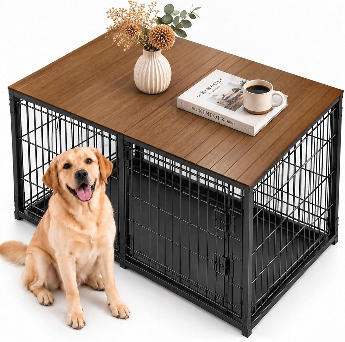 Bamboo Dog Crate Topper 42 Inch, Non-Slip Wooden Crate Table Top Shell