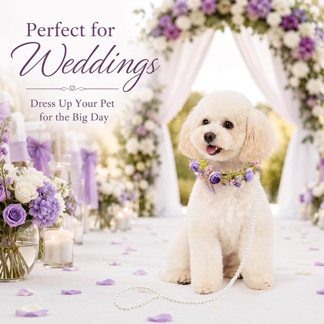 Dog Wedding Flower Collar with Pearl Leash,2 PCS Purple Rose