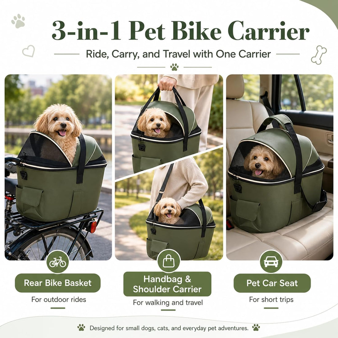 Dog Bike Basket Rear Seat, 3-in-1 Pet Bike Carrier for Small Dogs