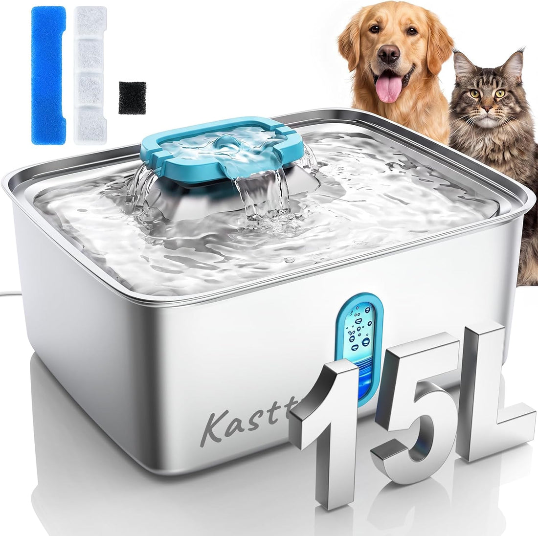 Kastty 4Gal/15L Stainless Steel Dog Water Fountain for Large Multi-Pet