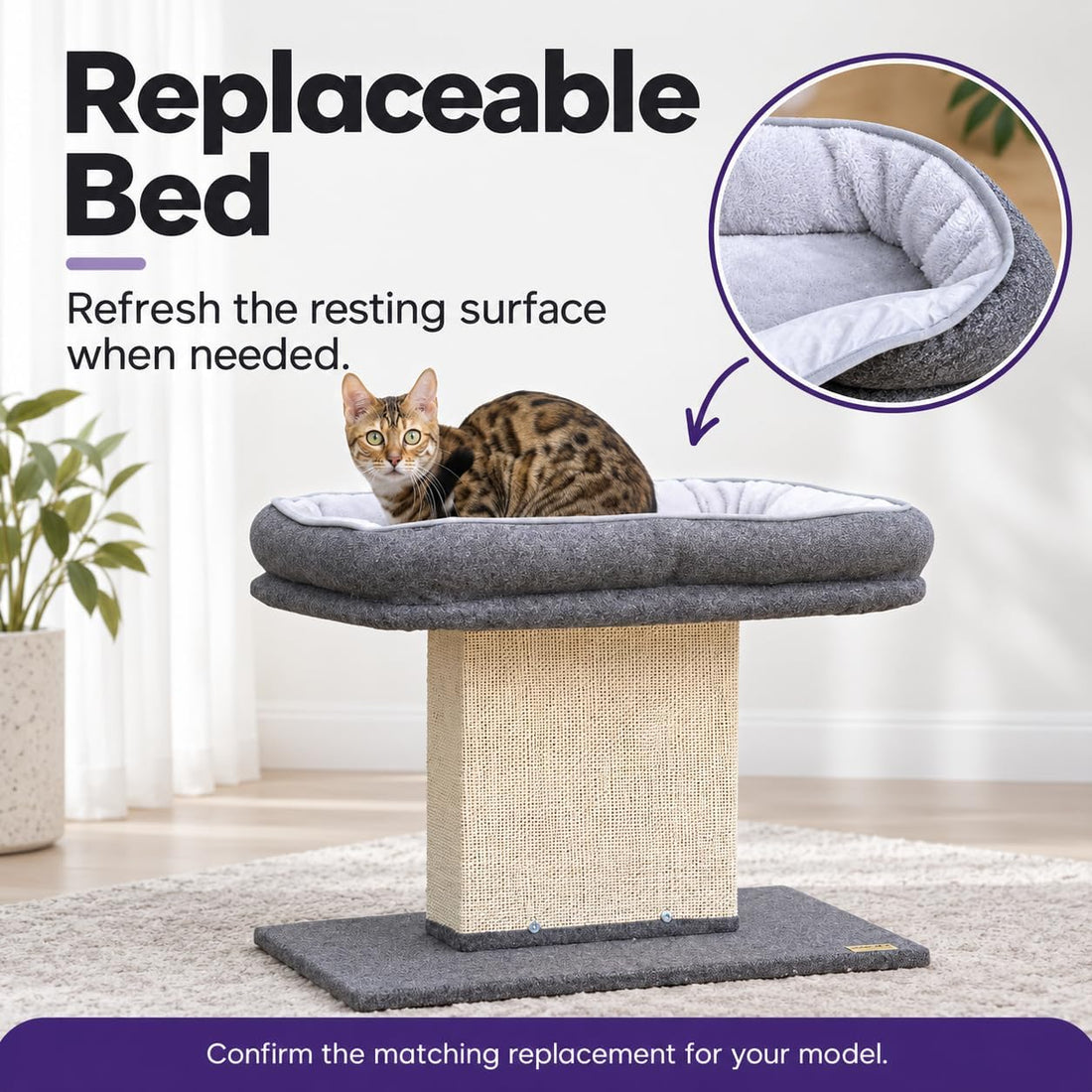 Catry Cat Perch with Washable Replaceable Bed & Wide Sisal Scratching