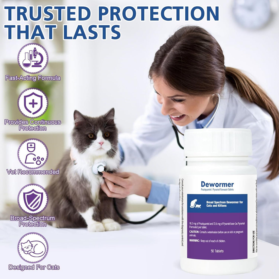 Cats & Kittens Broad-Spectrum Dewormer, 50 Tablets, for Tapeworms