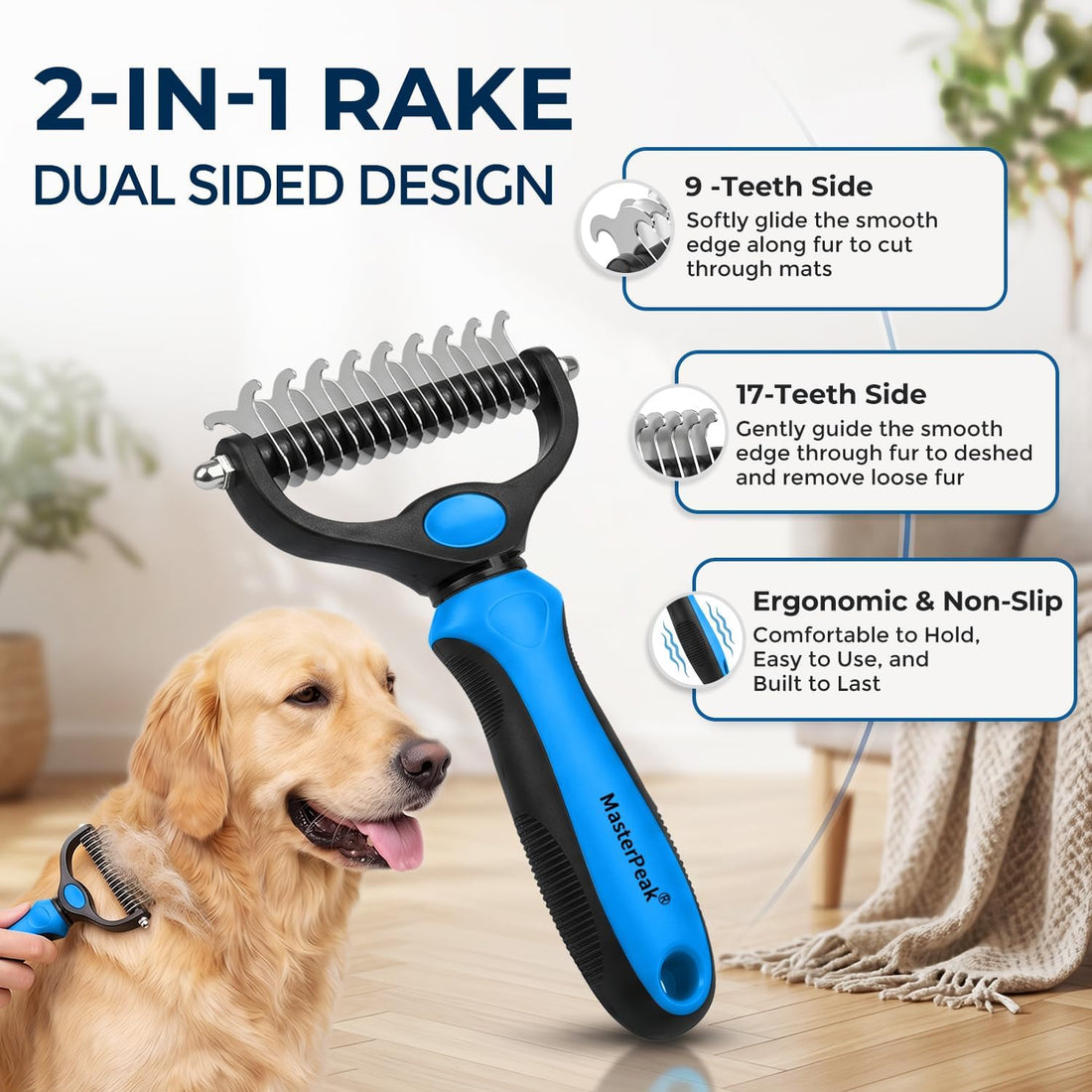 3-in-1 Pet Grooming Kit Rake Metal Comb & Bath Brush