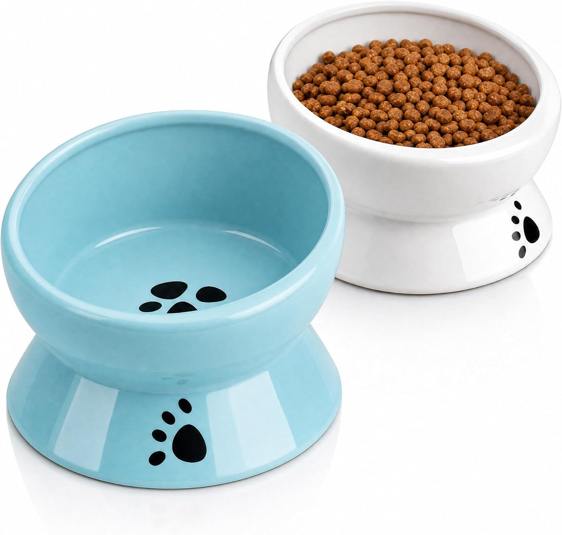 Nucookery Ceramic Raised Cat Food & Water Bowl Tilted Elevated, 5''