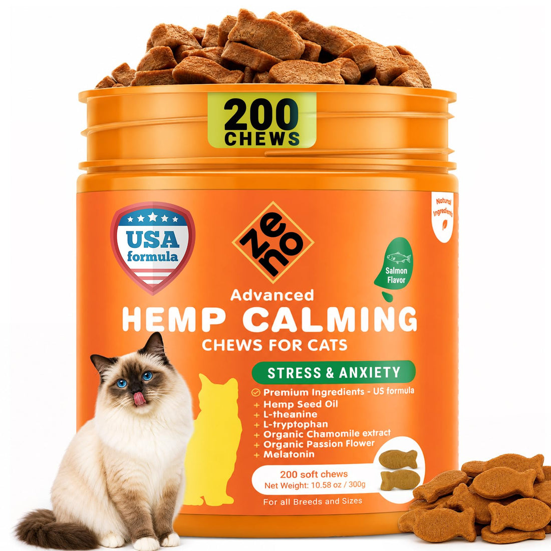ZENO Hemp Calming Chews for Cats Anxiety 200 pcs - for Travel, Stress