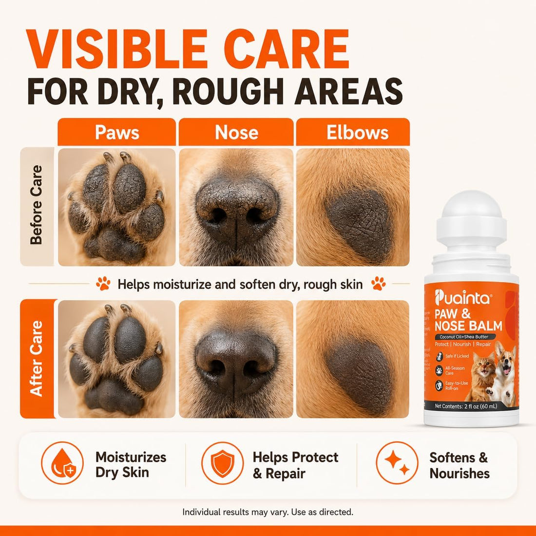 PUAINTA Dog Paw Nose Balm Roll On Lick Safe Moisturizer Paw Protector