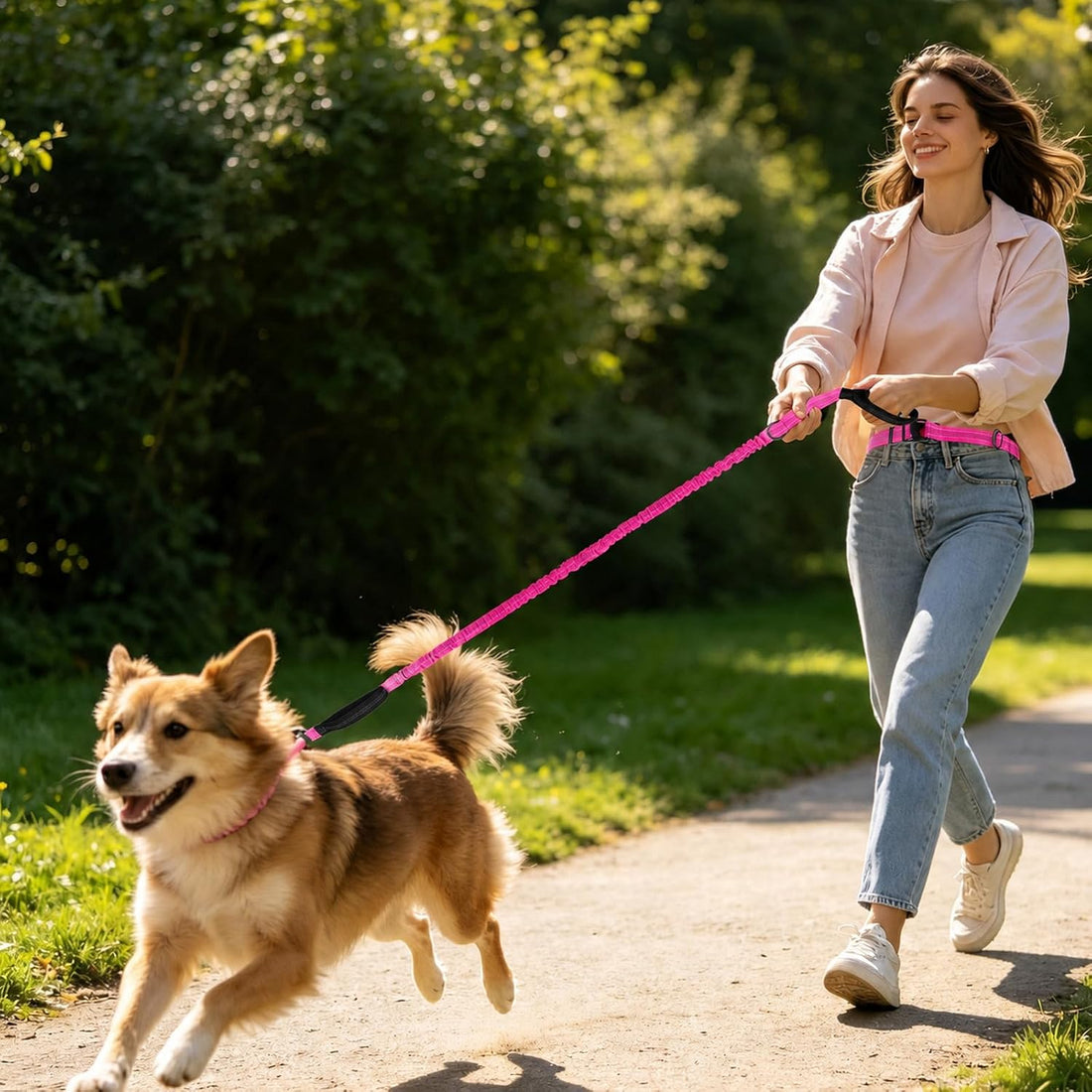 Hands Free Dog Leash, Adjustable Waist Belt 27-51"