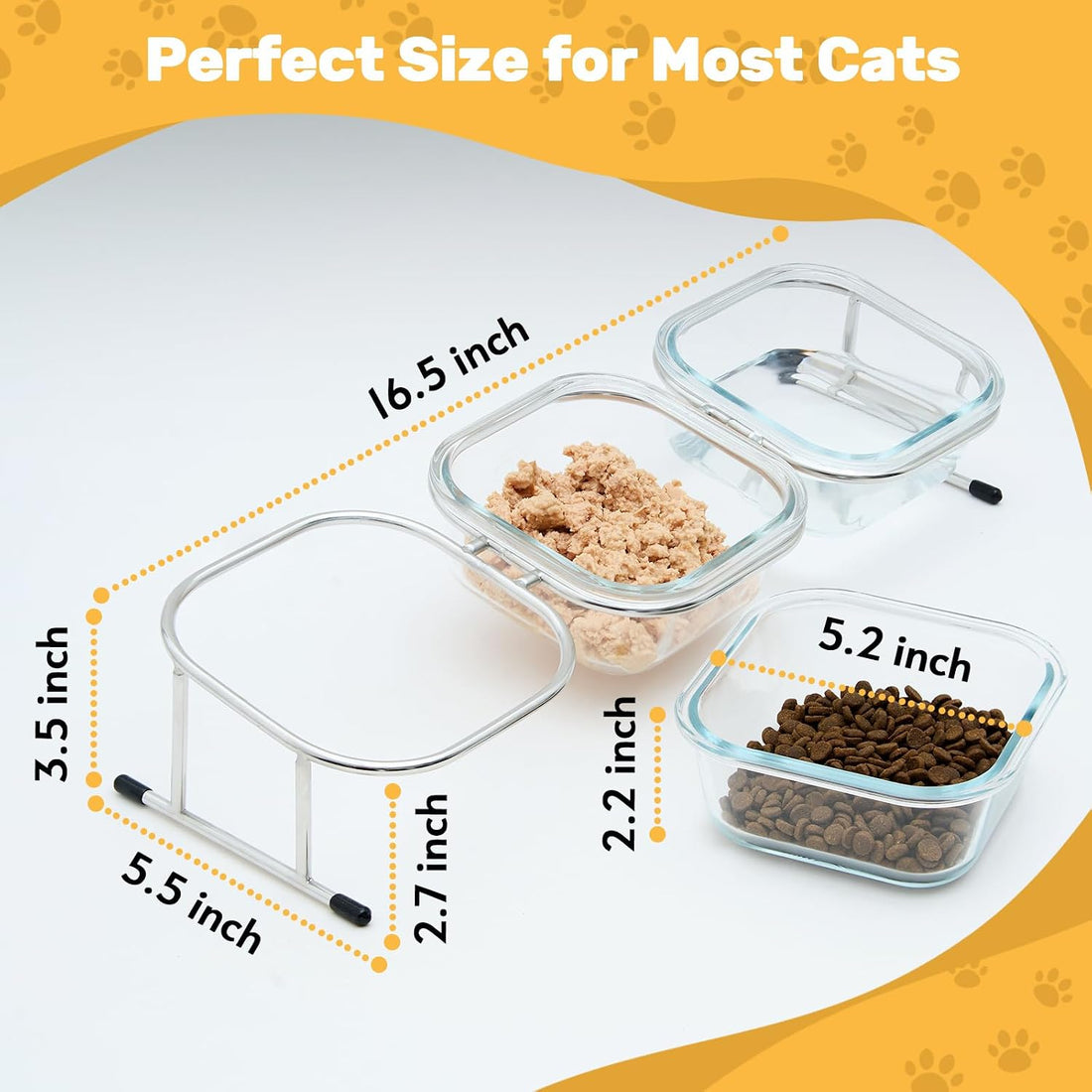 Elevated Cat Bowls, 15° Tilted Glass Raised Cat Food and Water Bowl