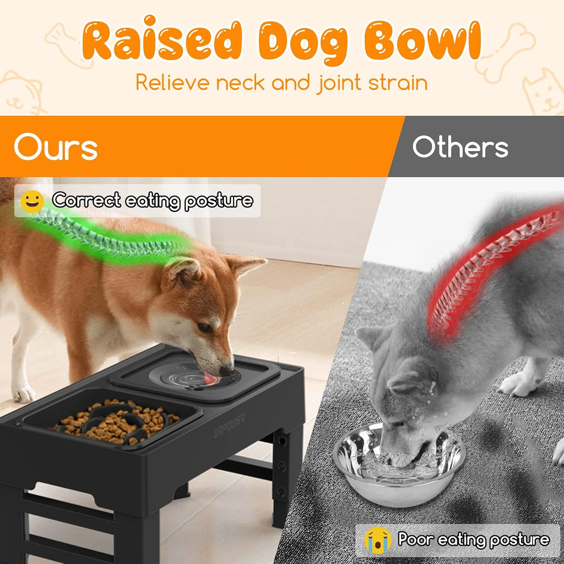 URPOWER 2-in-1 Elevated Slow Feeder Dog Bowls with No-Spill Water Bowl
