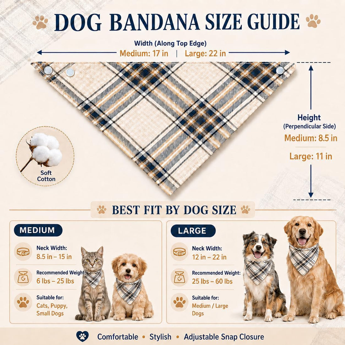 Adjustable Dog Bandana, Beige & Navy Plaid