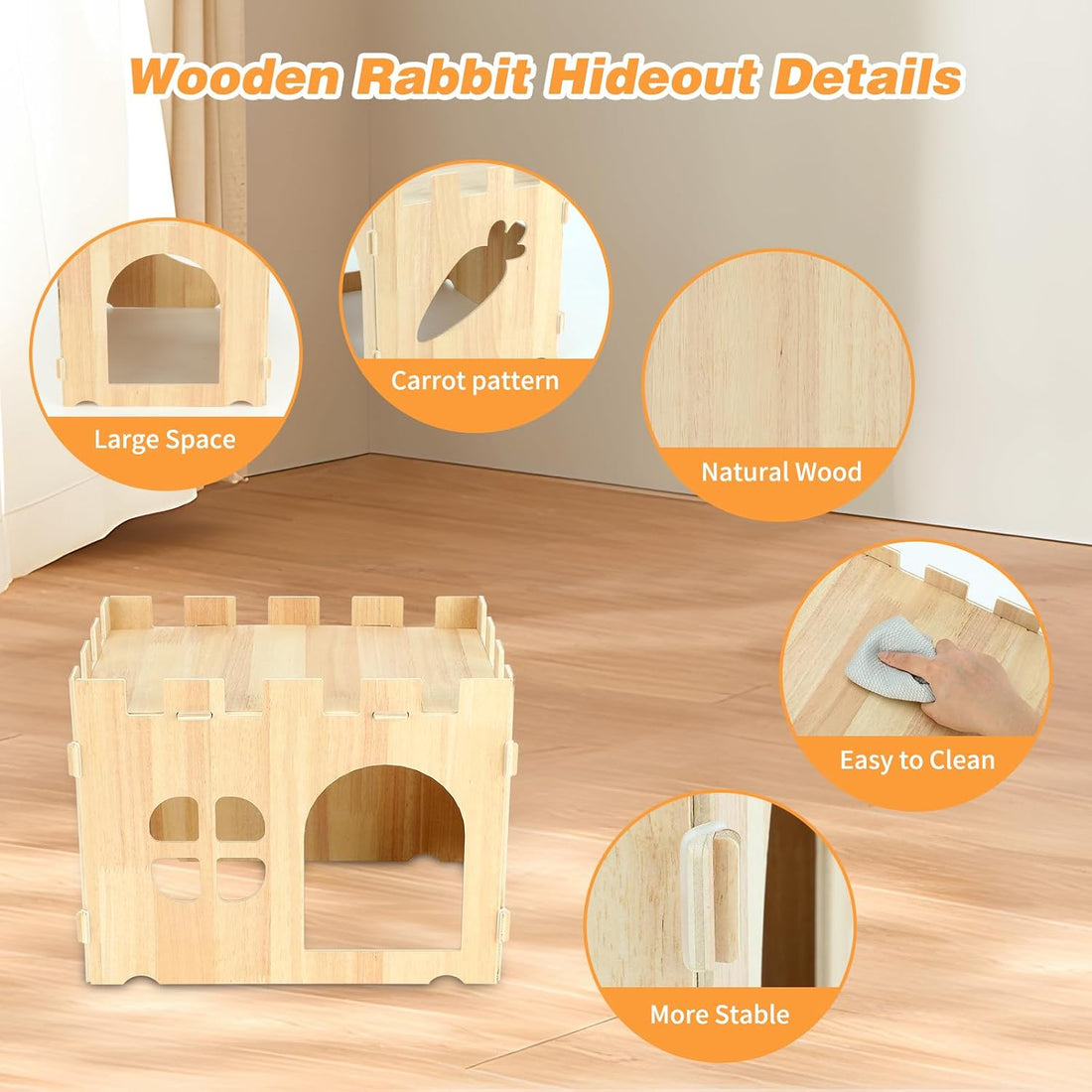 BWOGUE Large Wooden Bunny Hideout,Detachable Rabbit Castle for Small