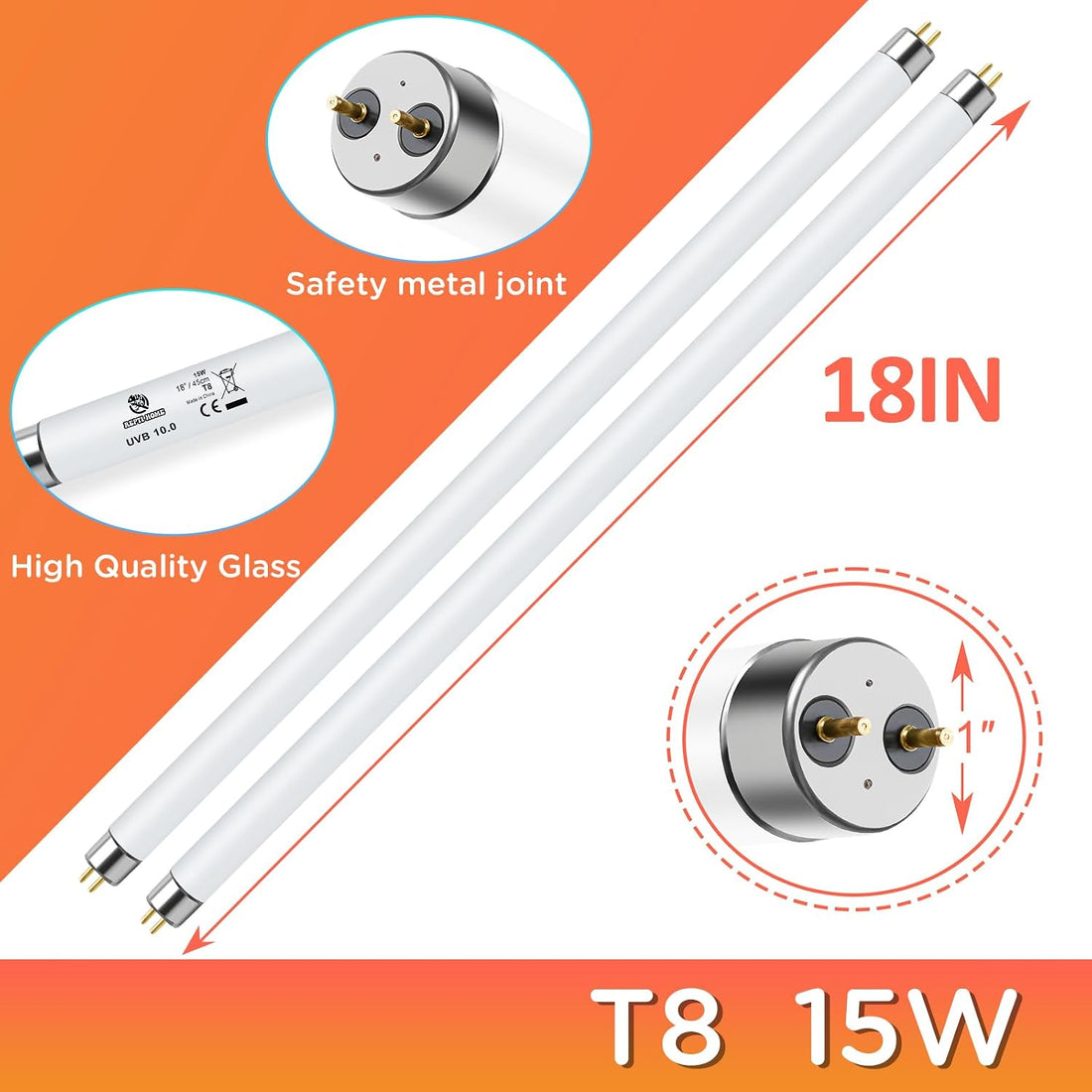 T8 UVB Reptile Light 15W 10.0-2 Pack,UVA UVB Light Bulb