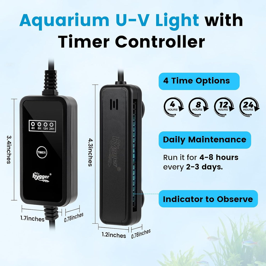 hygger 3W Aquarium U-V Light with Timer for 2-15 Gallon Fish