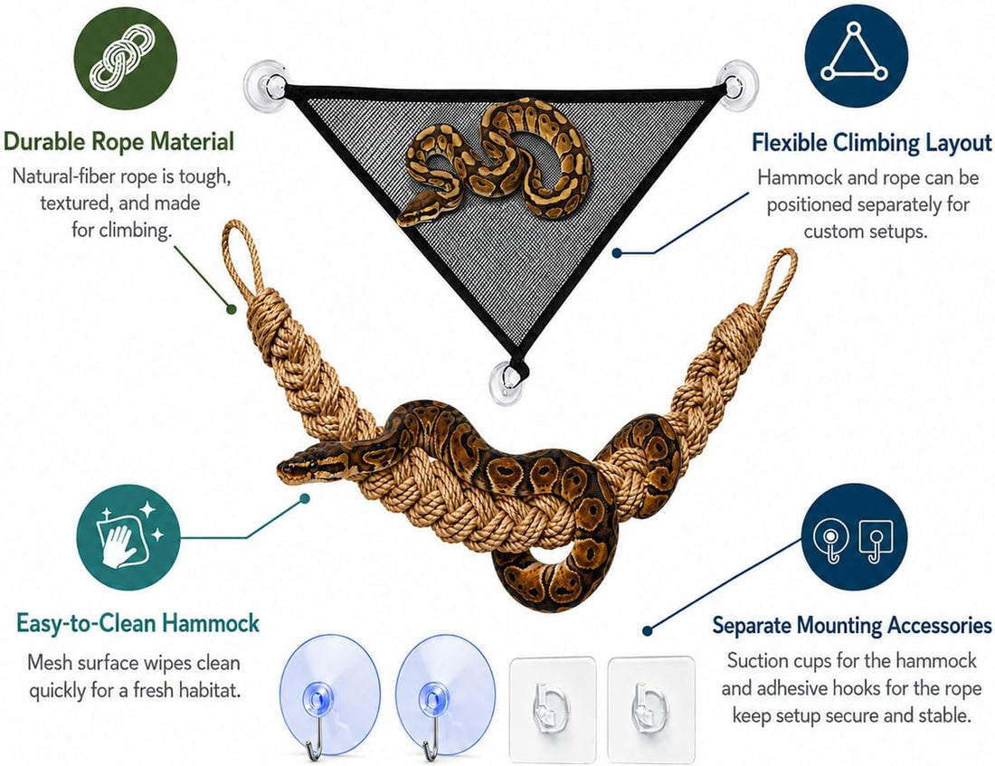 Snake Enclosure Accessories, Climbing Rope & PVC Hammock Set
