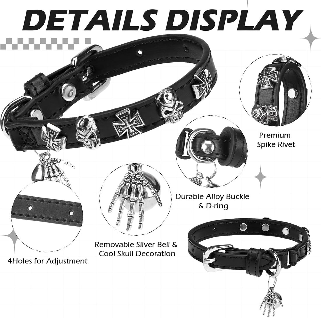 EXPAWLORER Leather Cat Collar for Girl Boy Cats,Black(Skull),S