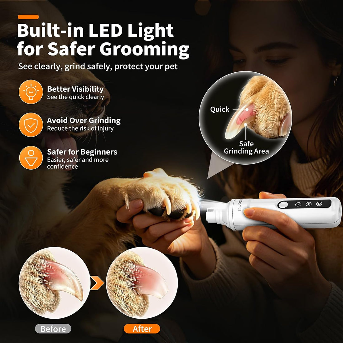 Dog Nail Grinder Quiet with LED Light Electric Cat Nail Trimmer
