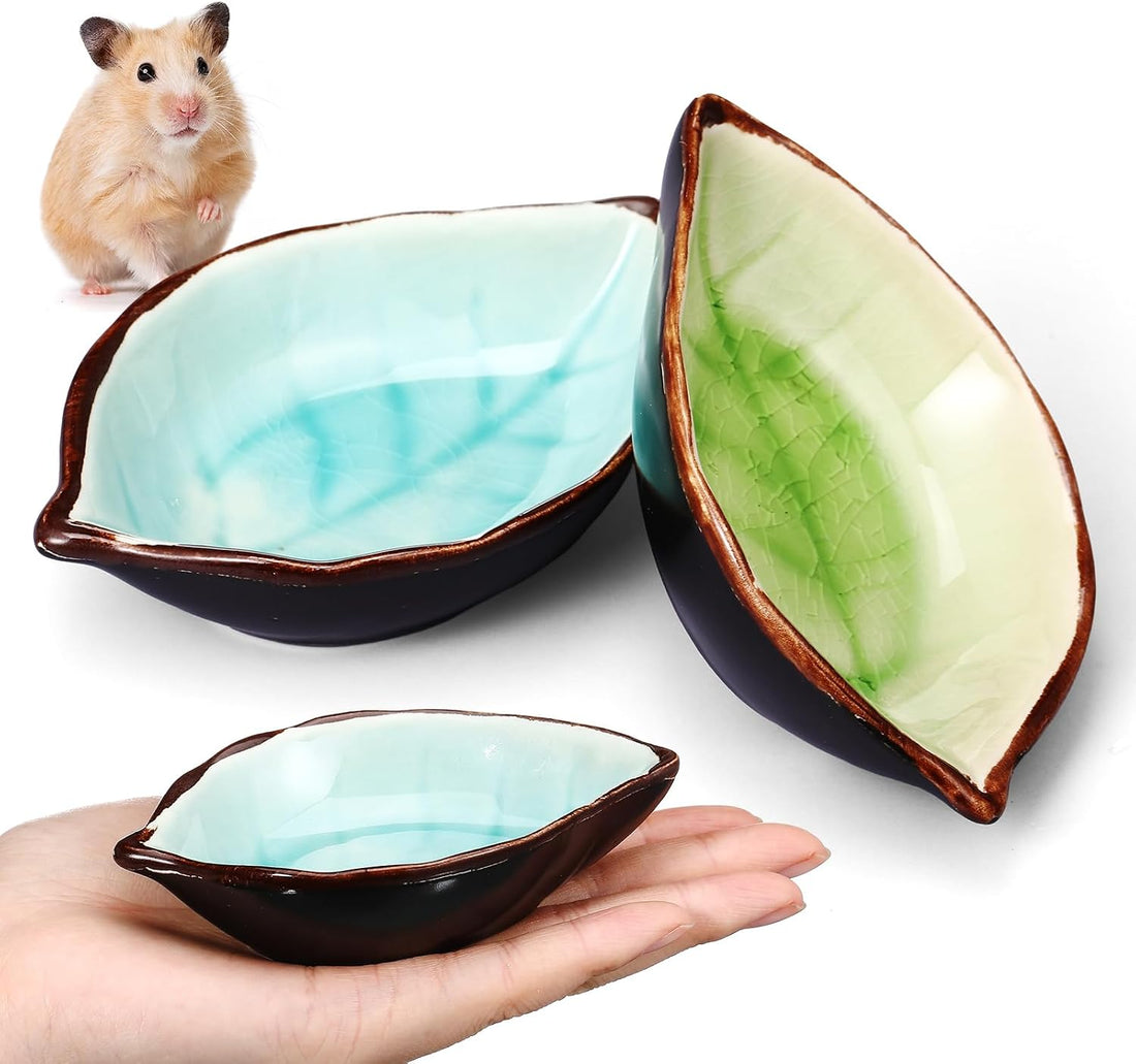 2 Pcs Ceramic Food Water Bowl Dish for Hamster Pets, Leaf