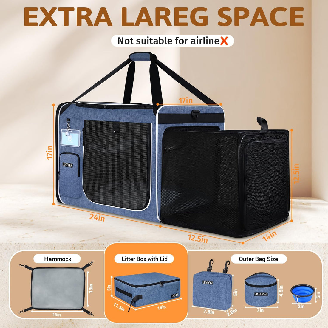 Petskd Side Expandable Extra Large Cat Carrier with Litter Box