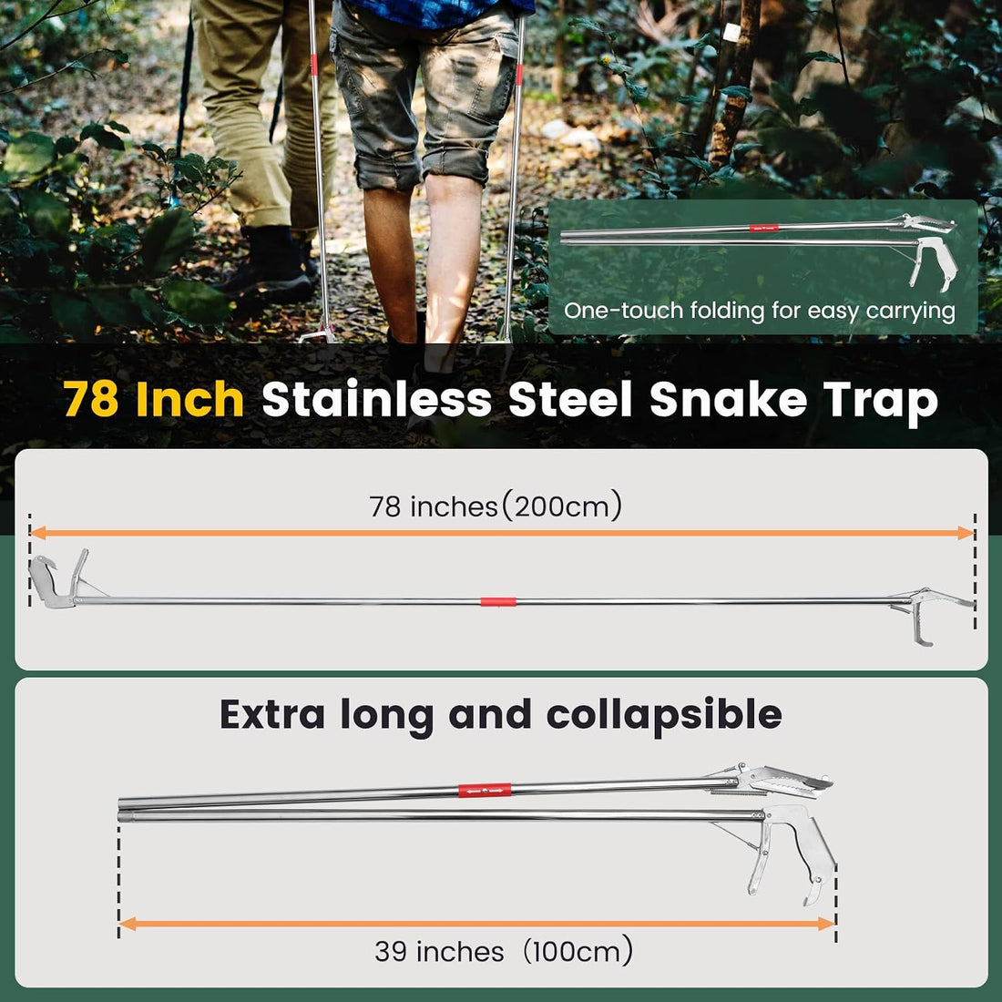 78 Inch Folding Snake Grabber Tool Extra Long Snake Tongs for Extra