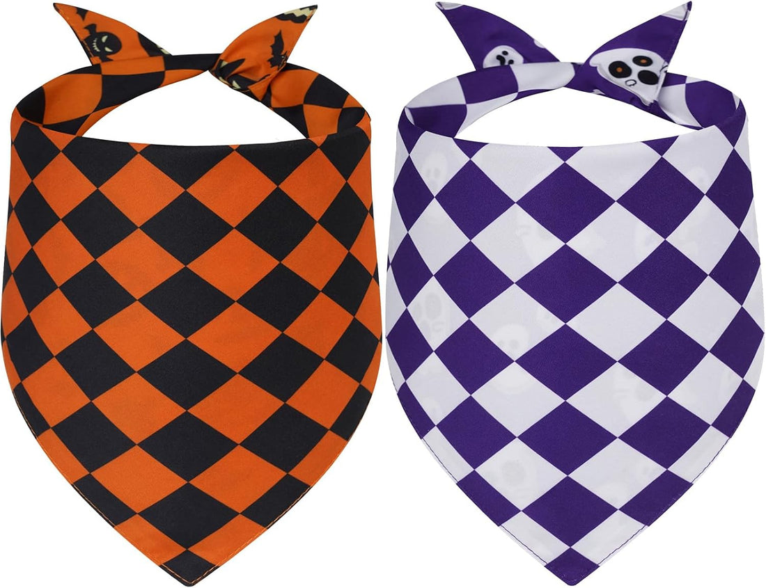 Halloween Dog Bandanas Large 2PCS, Plaid Scarfs for Boy and Girl