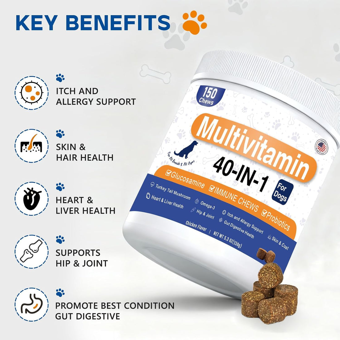 Dog Multivitamin Chews 150ct 40-in-1 Dog Vitamins and Supplements
