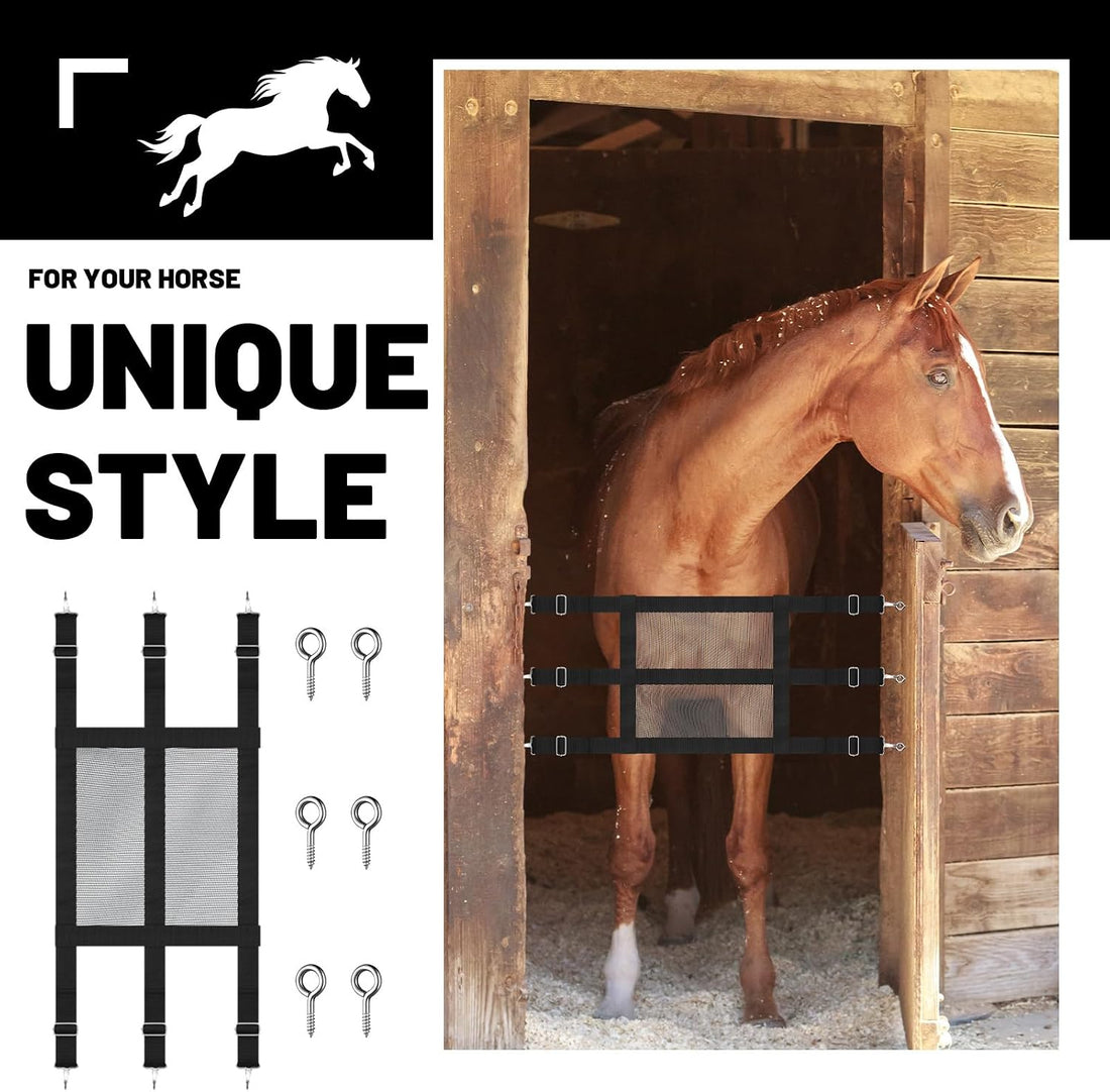 Horse Stall Guard, 57 x 18 Inch Adjustable Nylon Black Mesh Gate