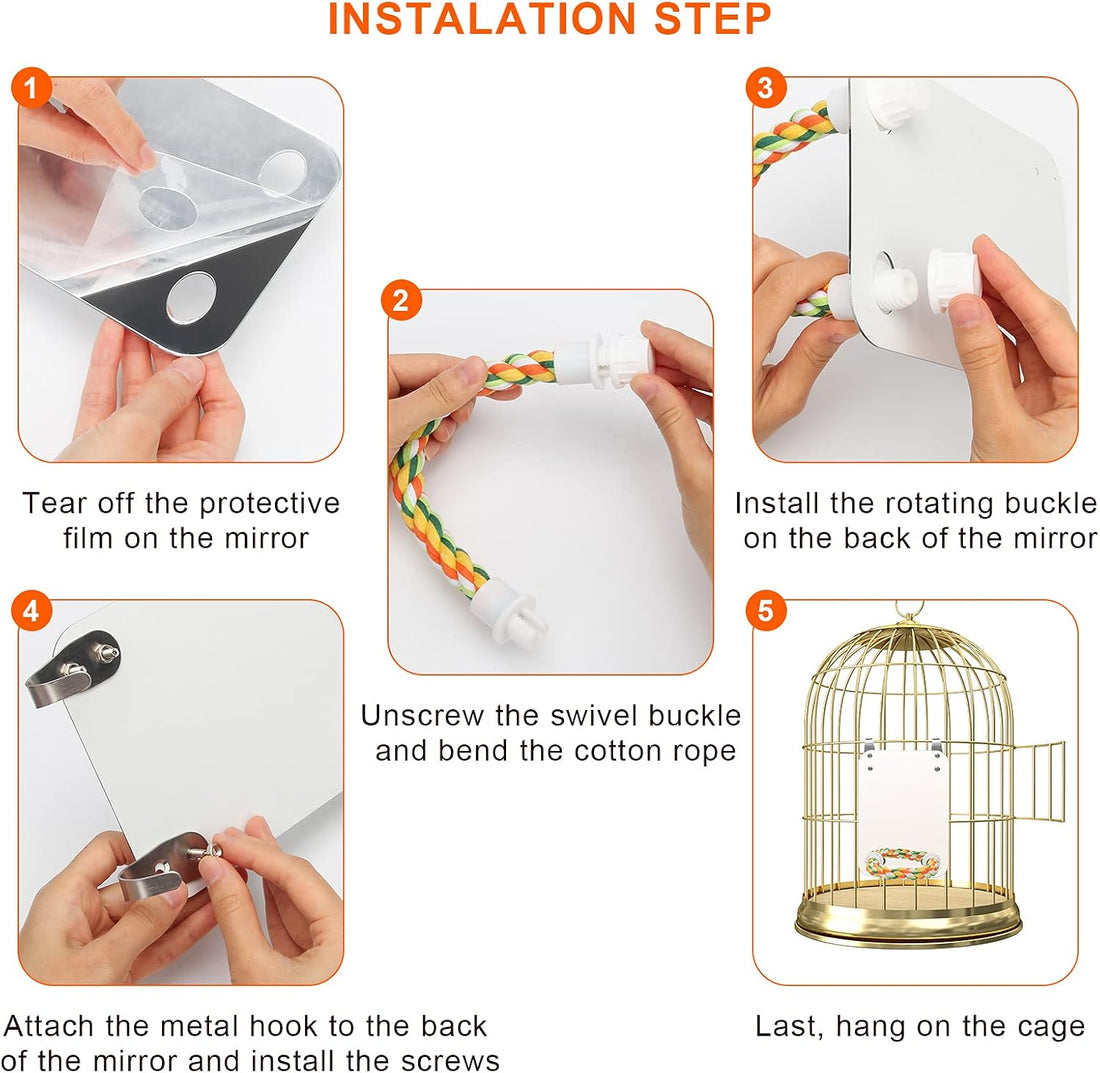 7" Bird Mirror for Cage, Parakeet Cockatiel Parrot Mirror with Rope