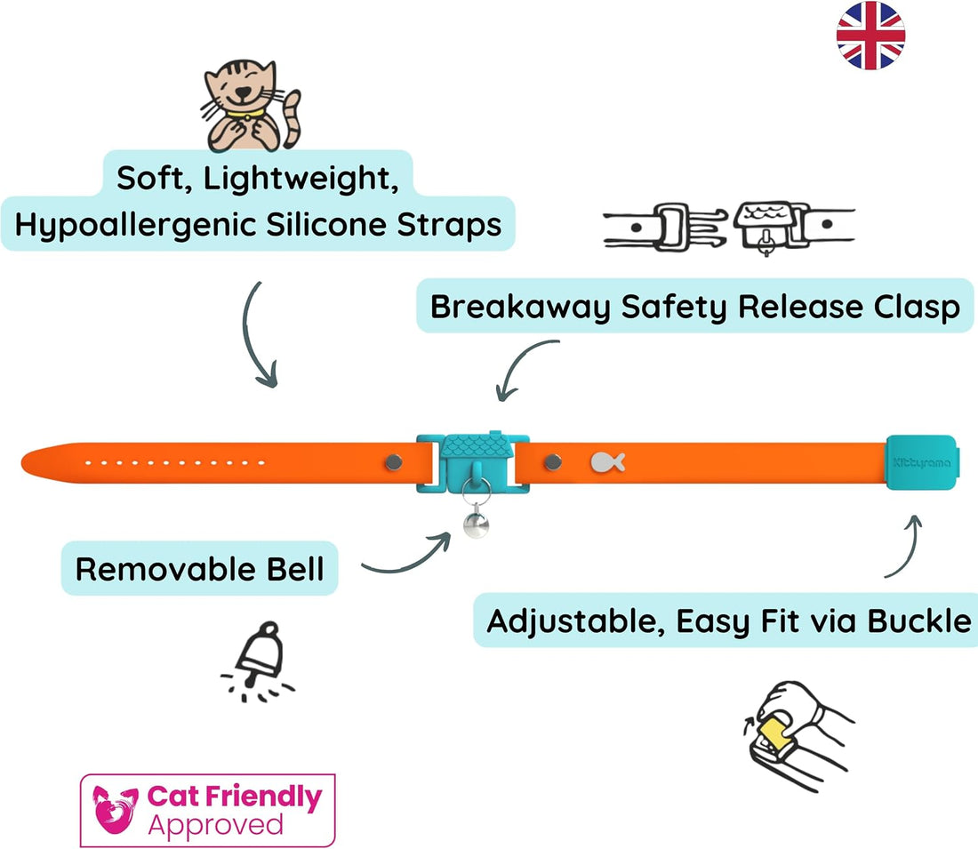 Kittyrama Tangerine Cat Collar with Bell. Breakaway Collar. Won't Rub