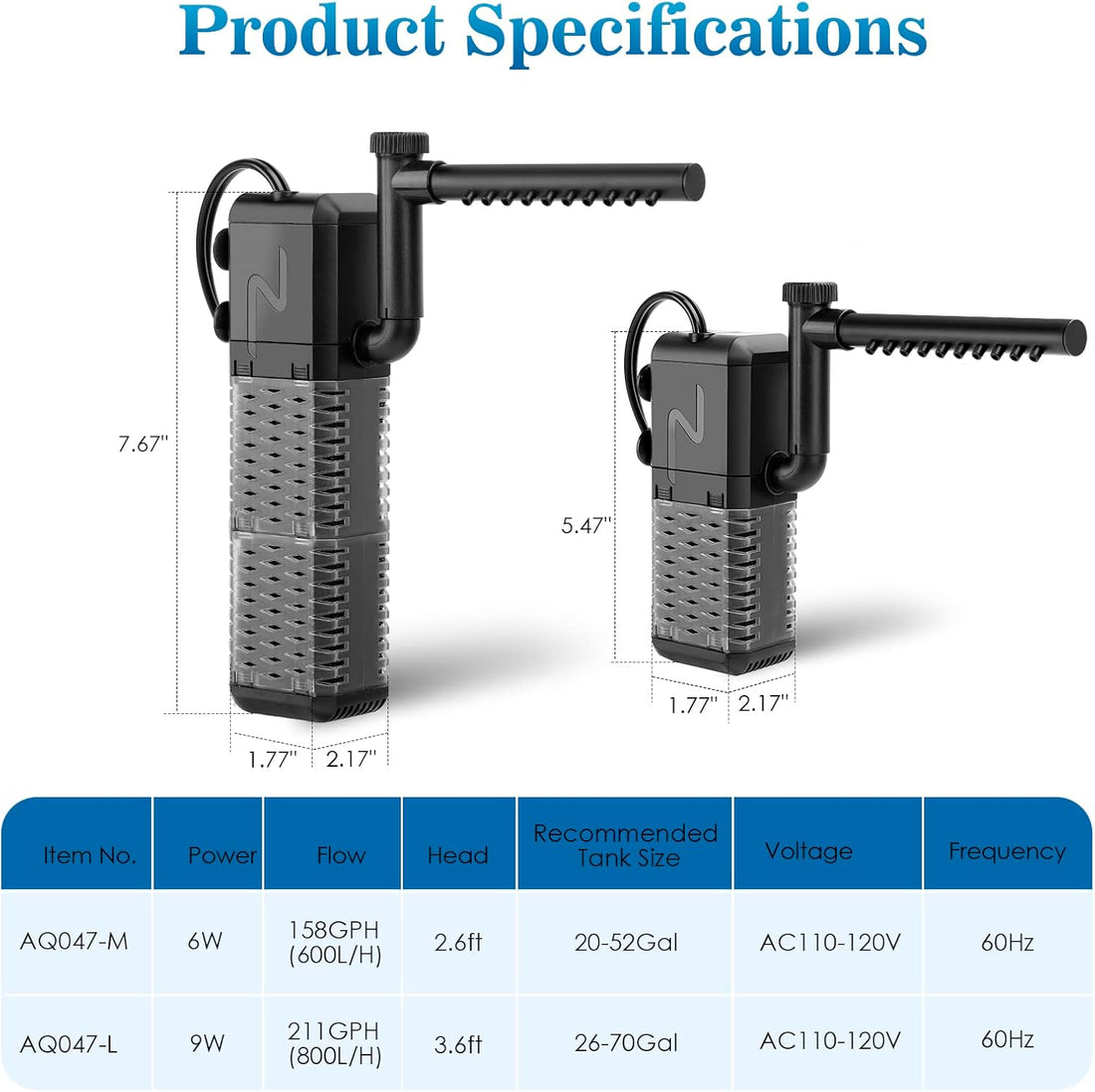 AQQA Submersible Aquarium Filter, Adjustable Flow with Aeration System