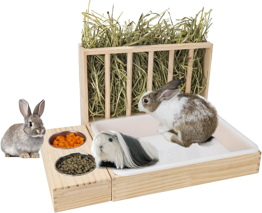 BESNEW 3 in 1 Rabbit Hay Feeder with Litter Box,Wooden Hay Feeder