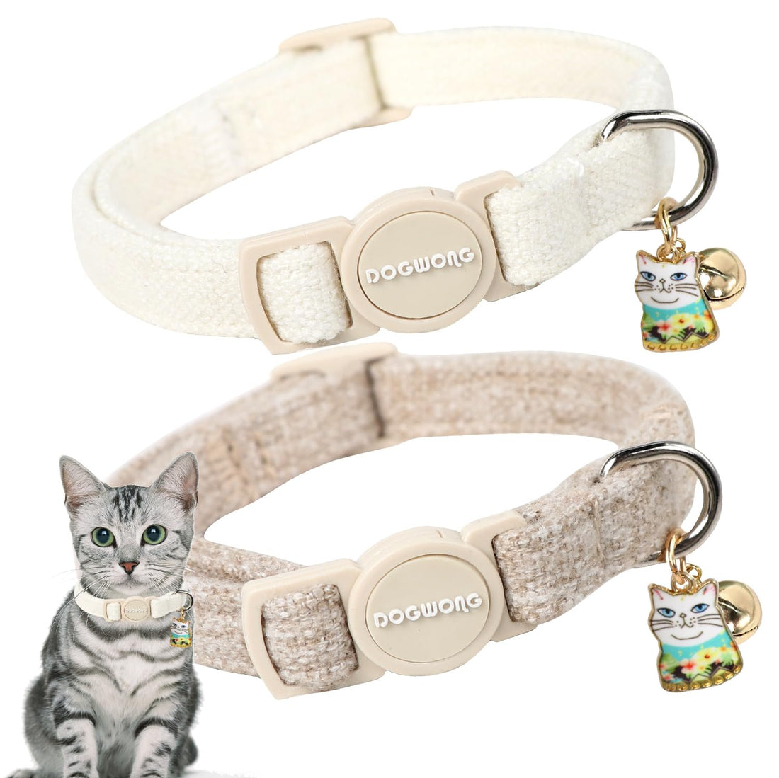 Cat Collar,2 Pack White Hemp Cat Collars Breakaway with Bell
