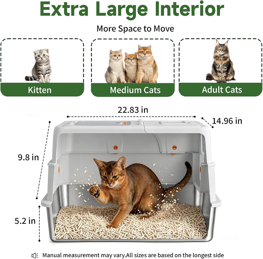 XL Enclosed Stainless Steel Litter Box with Lid, Light Gray