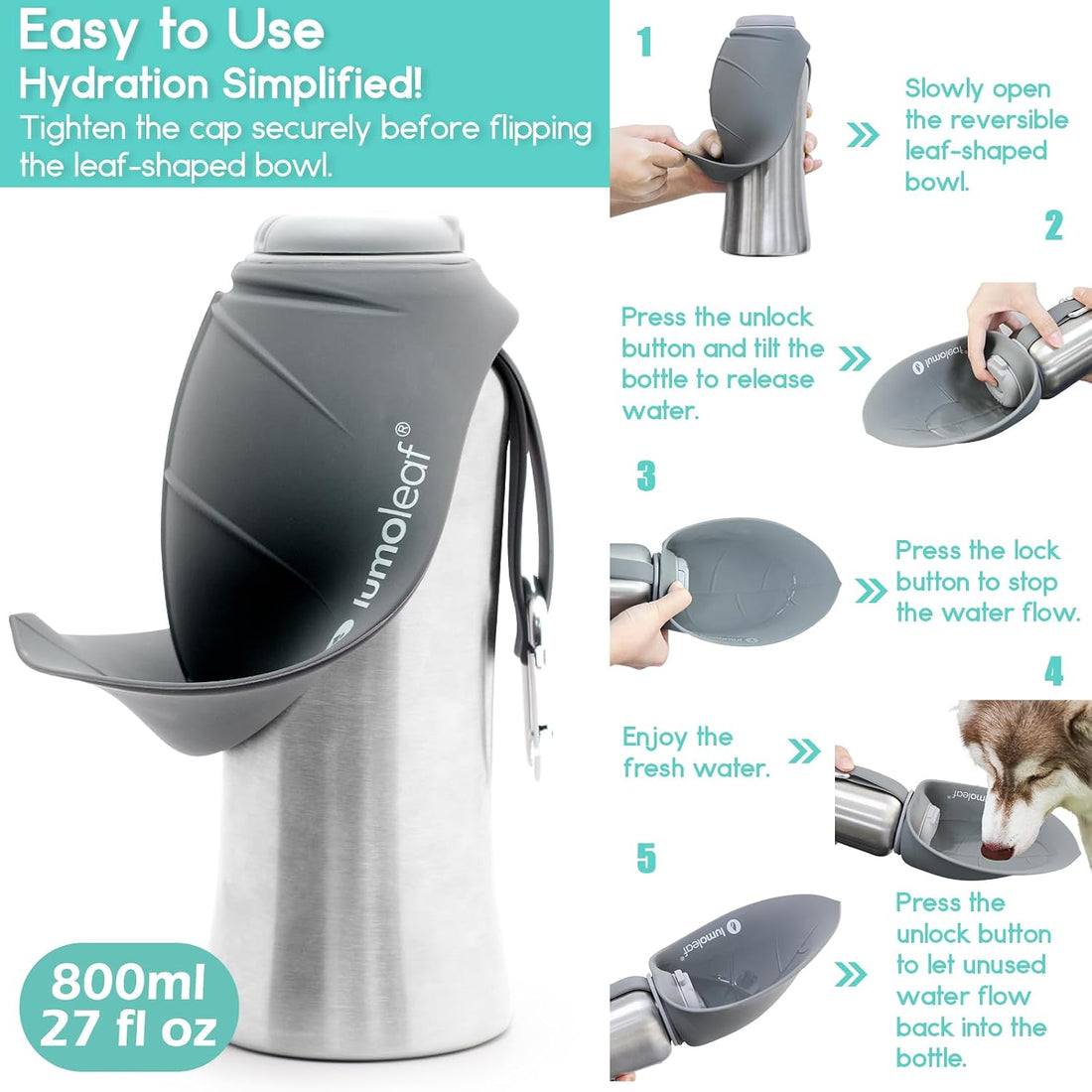 LumoLeaf Portable Dog Water Bottle 27 OZ