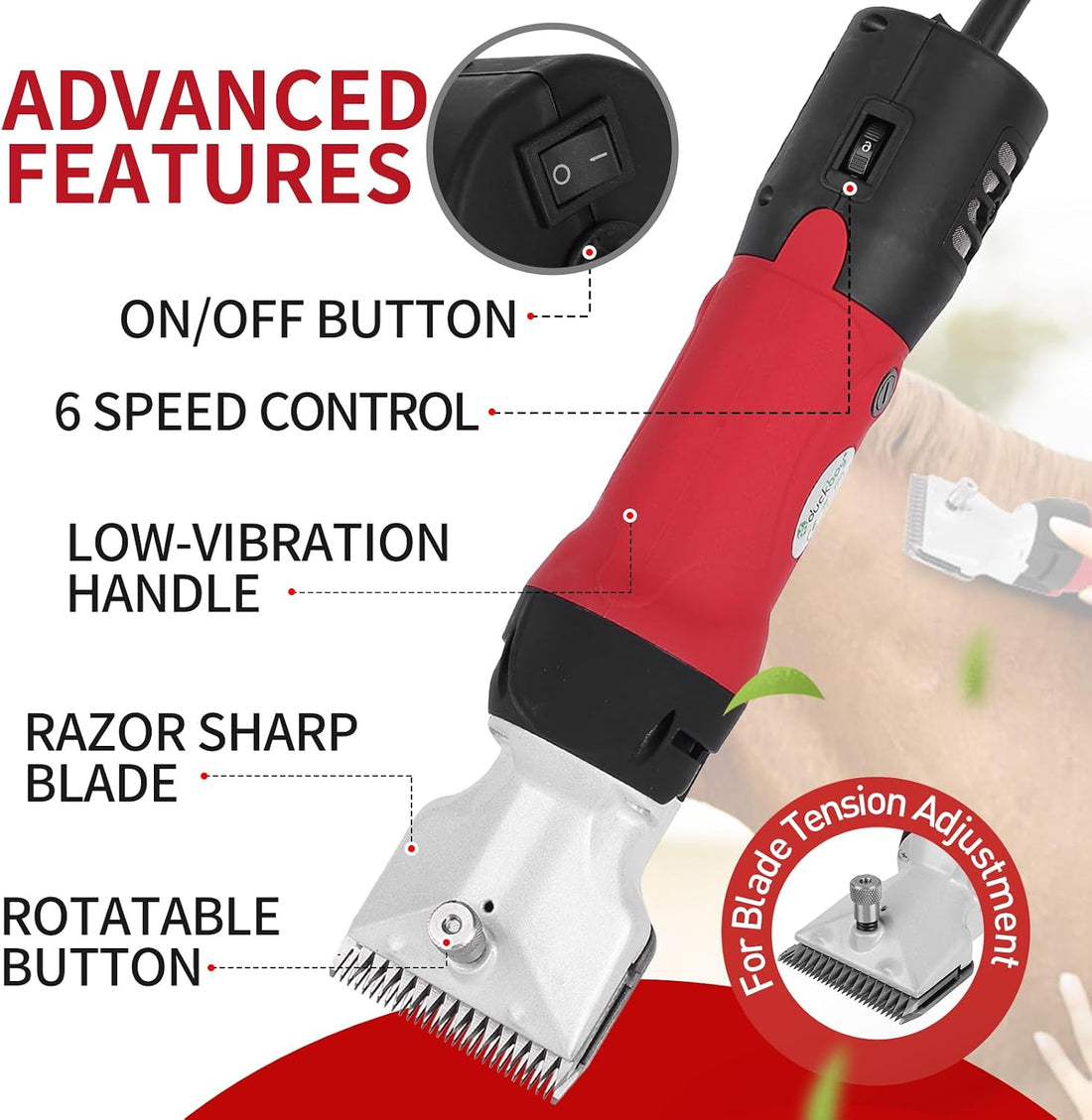 DUCKBOY Heavy Duty Horse Clippers, 600W 6-Speed, 2 Stainless Blades
