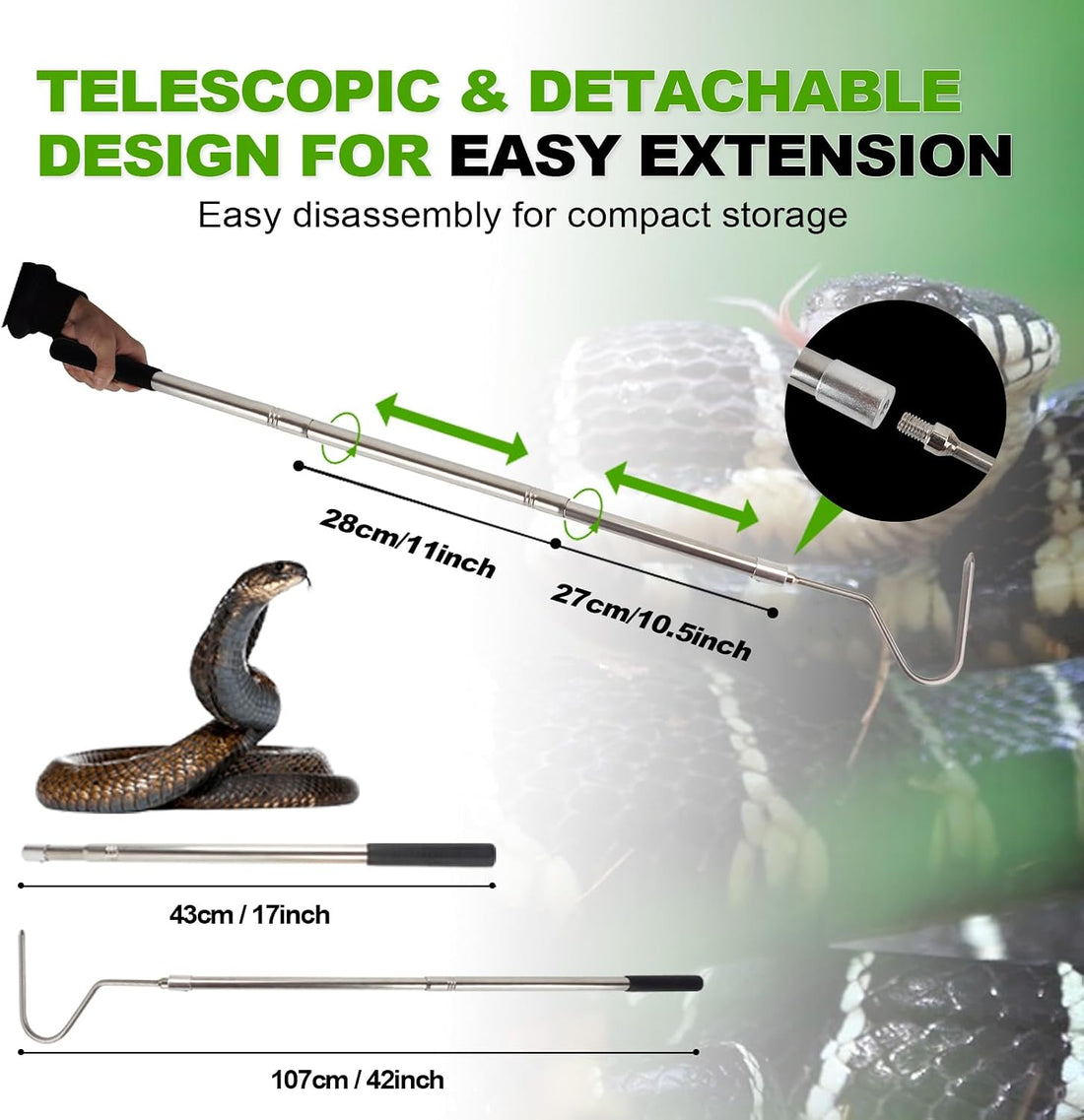 Snake Hook Grabber Catcher Tool Extensible Tongs Stick 42In