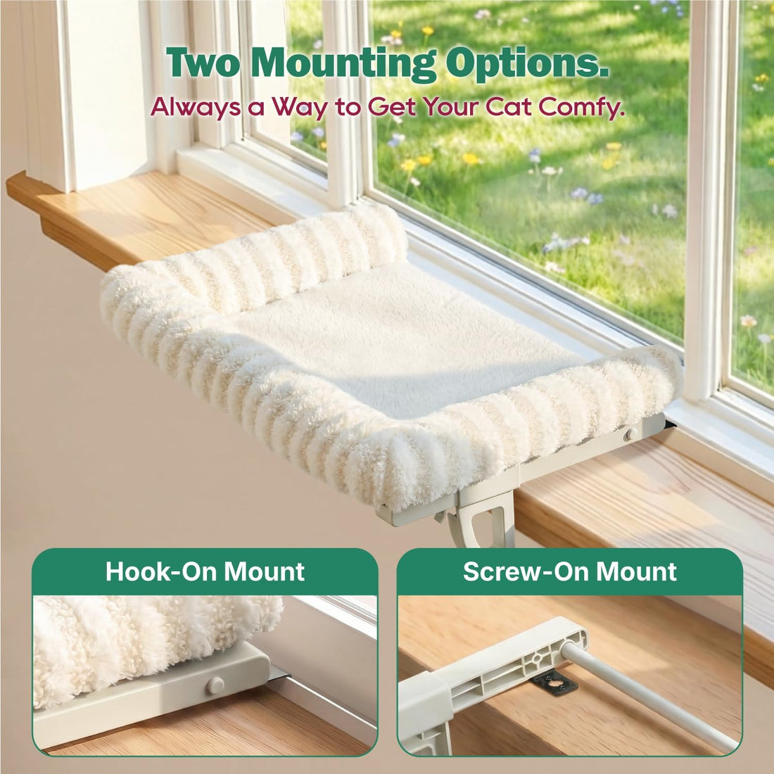 Zakkart Mellow 3-Sided Cat Perch for Windowsill, Dual-Mount (Beige, L)