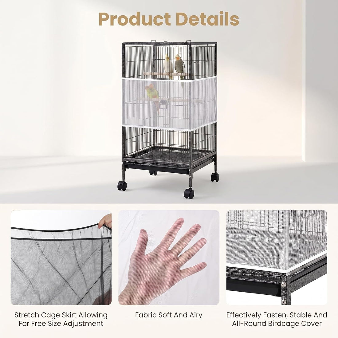 2 Pcs Bird Cage Cover Bird Cage Seed Catcher Soft Airy Nylon Mesh