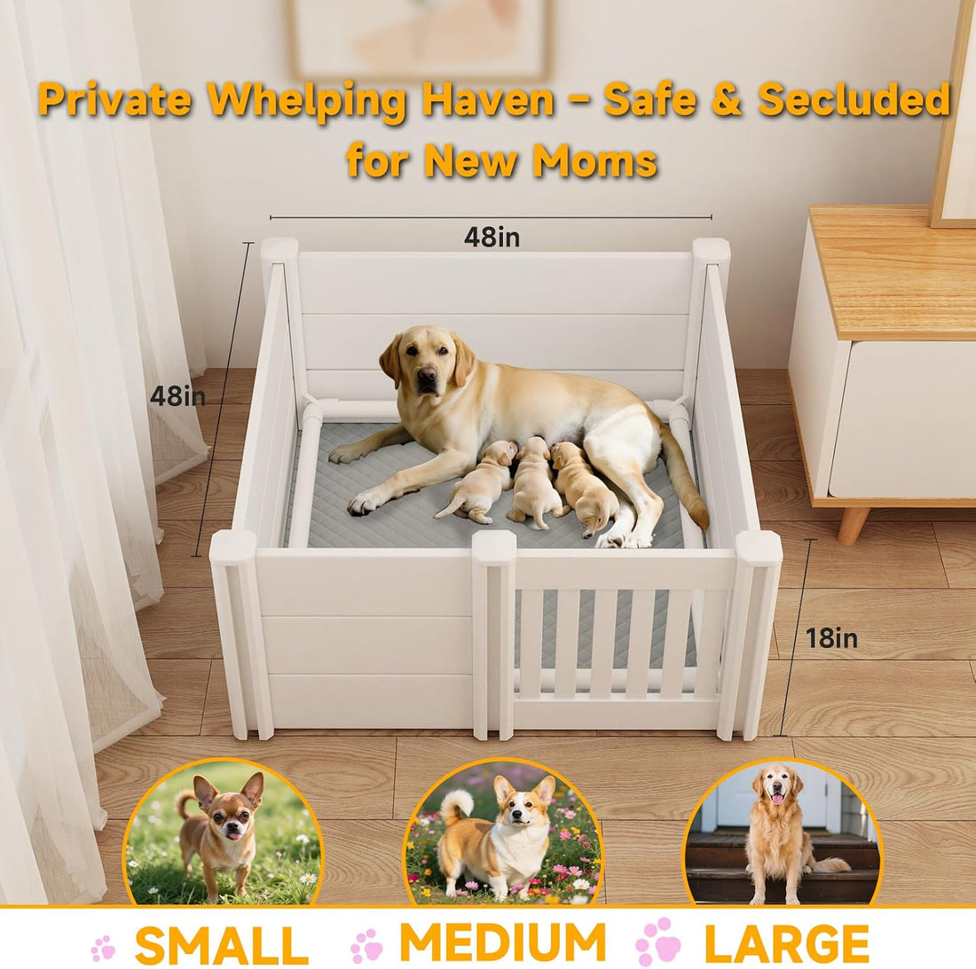 Whelping Box for Dogs, Puppies, with Pig Rails Washable Pad