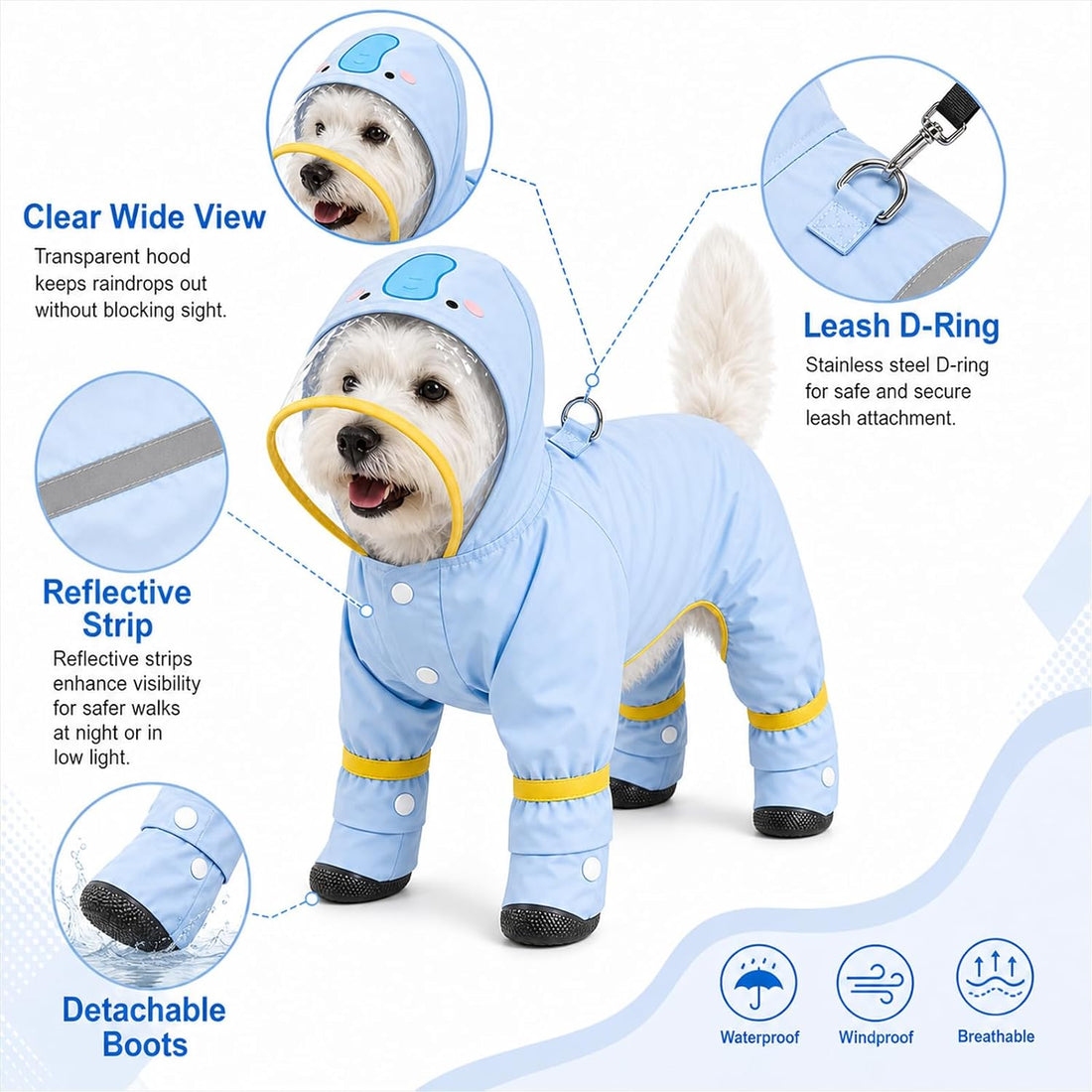 Dog Raincoat with Removable Boots, Clear Hood, Blue, XS (1-3 lb)