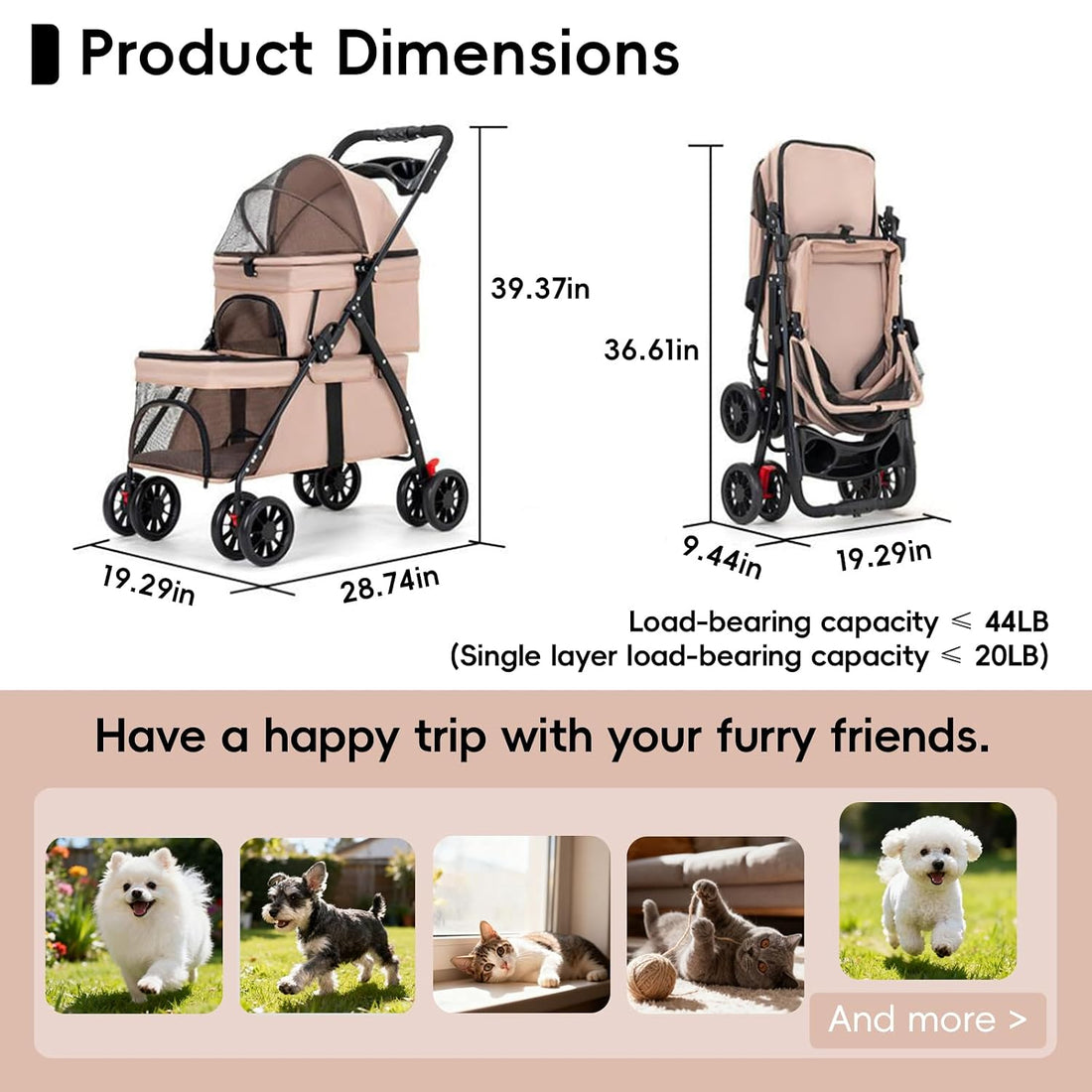 YYW Double Pet Stroller Foldable 2 Carriages Cup Holder Lockable Khaki