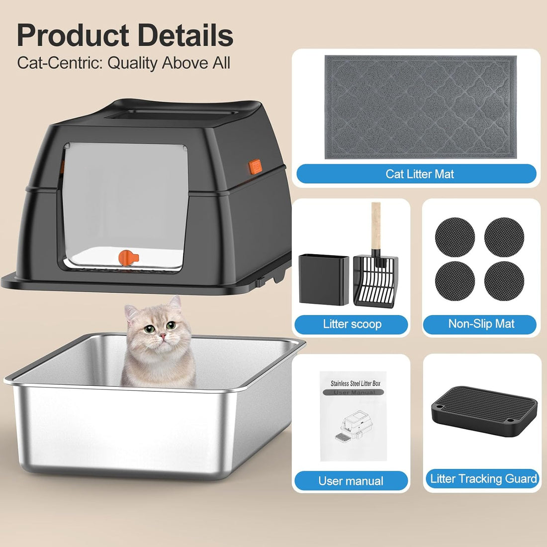 Stainless Steel Litter Box with Lid,Front Entry Top Exit Kitty