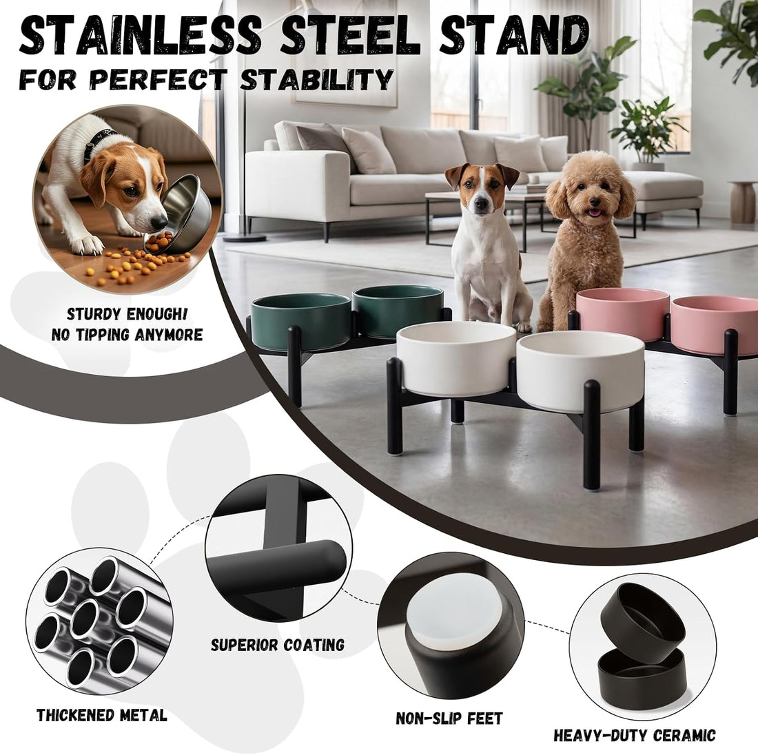 Raised Ceramic Dog Bowl Set - Elevated Double Dishes with Stainless